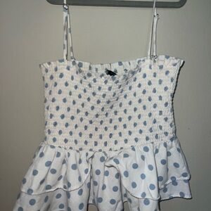 White and Blue Polka Dot Ruffle Top